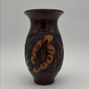 Vintage Handcrafted Korond Pottery Brown Floral Vase Transylvania ~ 7 Inches